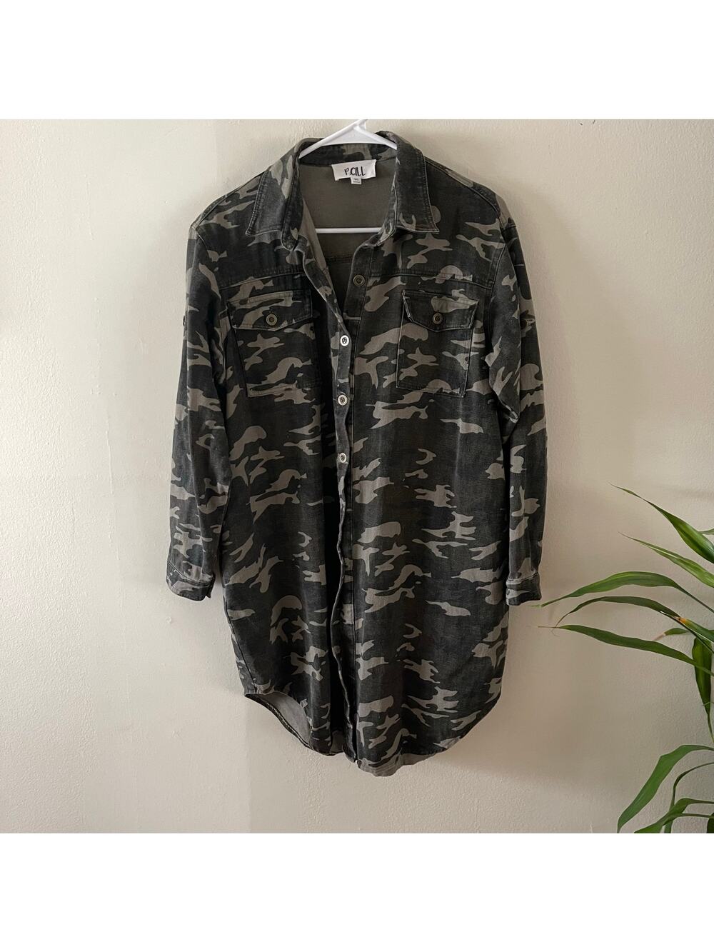 P. Cill Womens M/L Camo Shirt Jacket Gray Black Oversized Normcore Denim